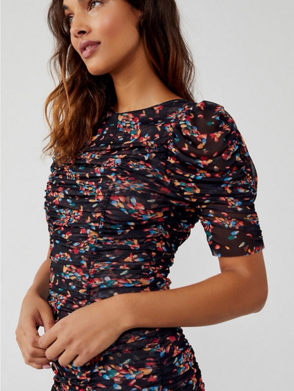 Free People Briella Ruched Mesh Midi Dress -"Twilight Combo" print, euc, sz M - Picture 2 of 16